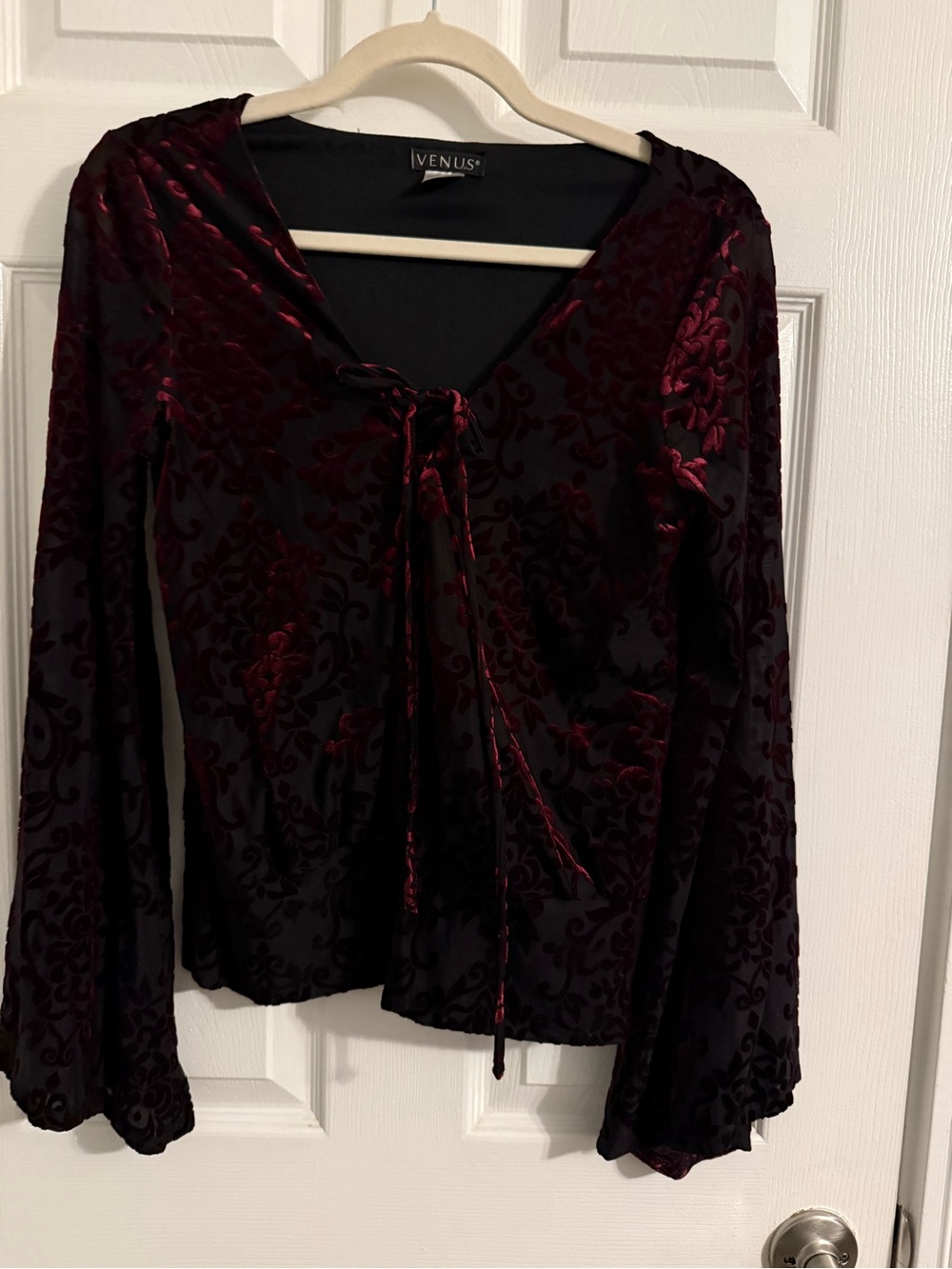 VENUS Deep Burgundy Velvet Burnout Tie-Front Blouse